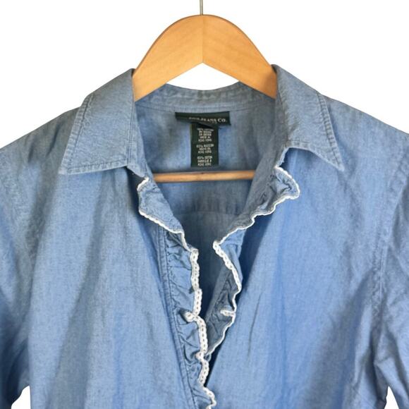LAUREN JEANS CO Ralph Lauren Chambray Ruffle Wrap Top Blouse Womens Sz 12 Petite - Picture 2 of 15